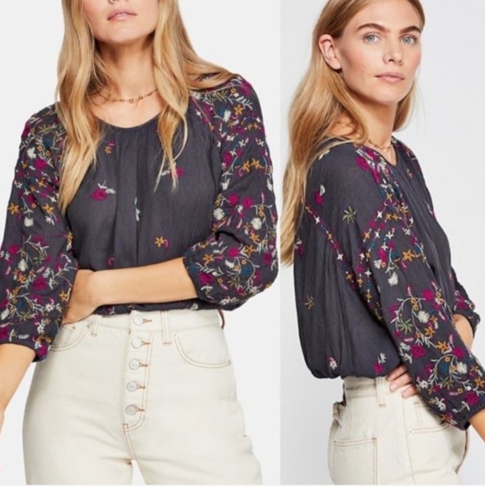 Free People Wildflowers Embroidered Boho Blouse Size S